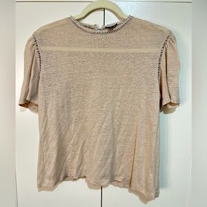Ann Taylor Linen Tan Beige Mesh Sheer Light Shirt Top Crochet Trim Size Small